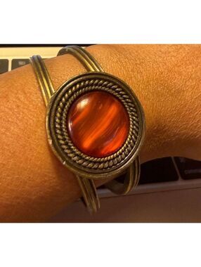 BRACELET Vintage Mediterranean Cut Brass Cuff Bracelet with Amber Center